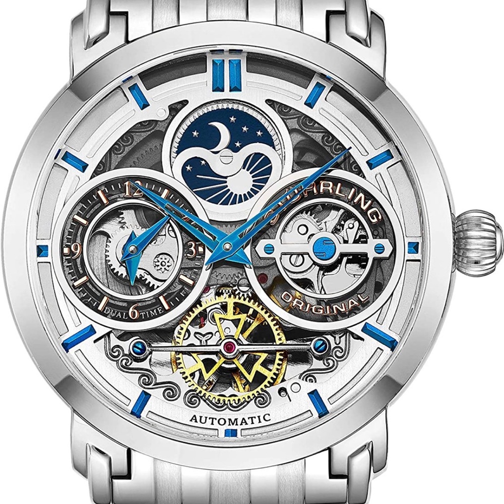 Stührling Original Mens Watch Stainless Steel Automatic, Silver Skeleton Watch